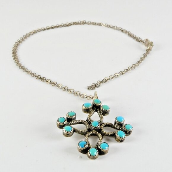 1" Auth ZUNI Cross Pendant Necklace Sterling Silver PETIT POINT Real TURQUOISE - Picture 5 of 8